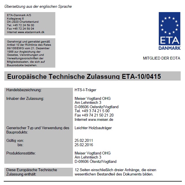 Auszug der Zulassung Auszug der Zulassung